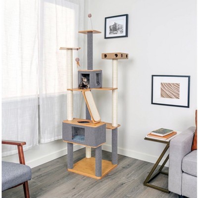 Gray and Beige Solid Wood Multi-Level Cat Tree Tower