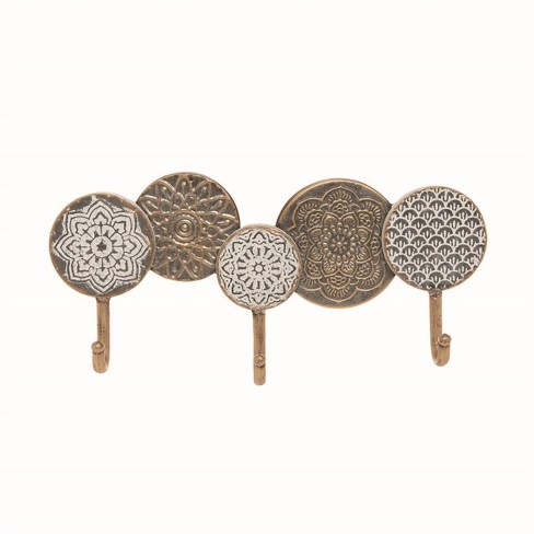 Distressed Metal Henna Pattern Decorative Wall Hook with 3 Metal Hooks -  Foreside Home & Garden