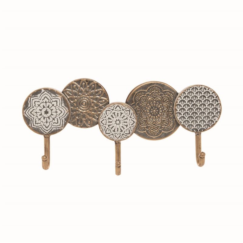 Distressed Metal Henna Pattern Decorative Wall Hook with 3 Metal Hooks - Foreside Home & Garden, 1 of 4