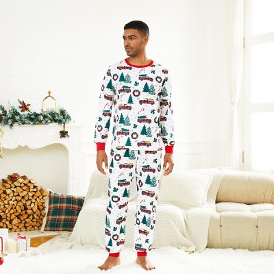 PATPAT Family Matching Christmas Pajamas For Family Tree Car Print Xmas Top Tee and Bottom Sets For Men M Turquoise