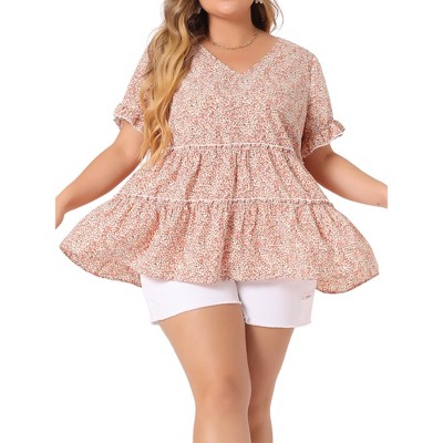 Agnes Orinda Women's Plus Size Boho Ditsy Floral V Neck Ruffle Tiered Pleated Babydoll Blouses