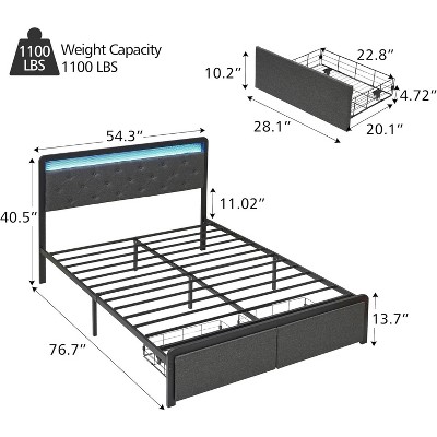 Full Bed With 2 Storage Drawers & Led Headboard, Upholstered Full Bed With 2 Storage Drawers & Led Headboard, Upholstered