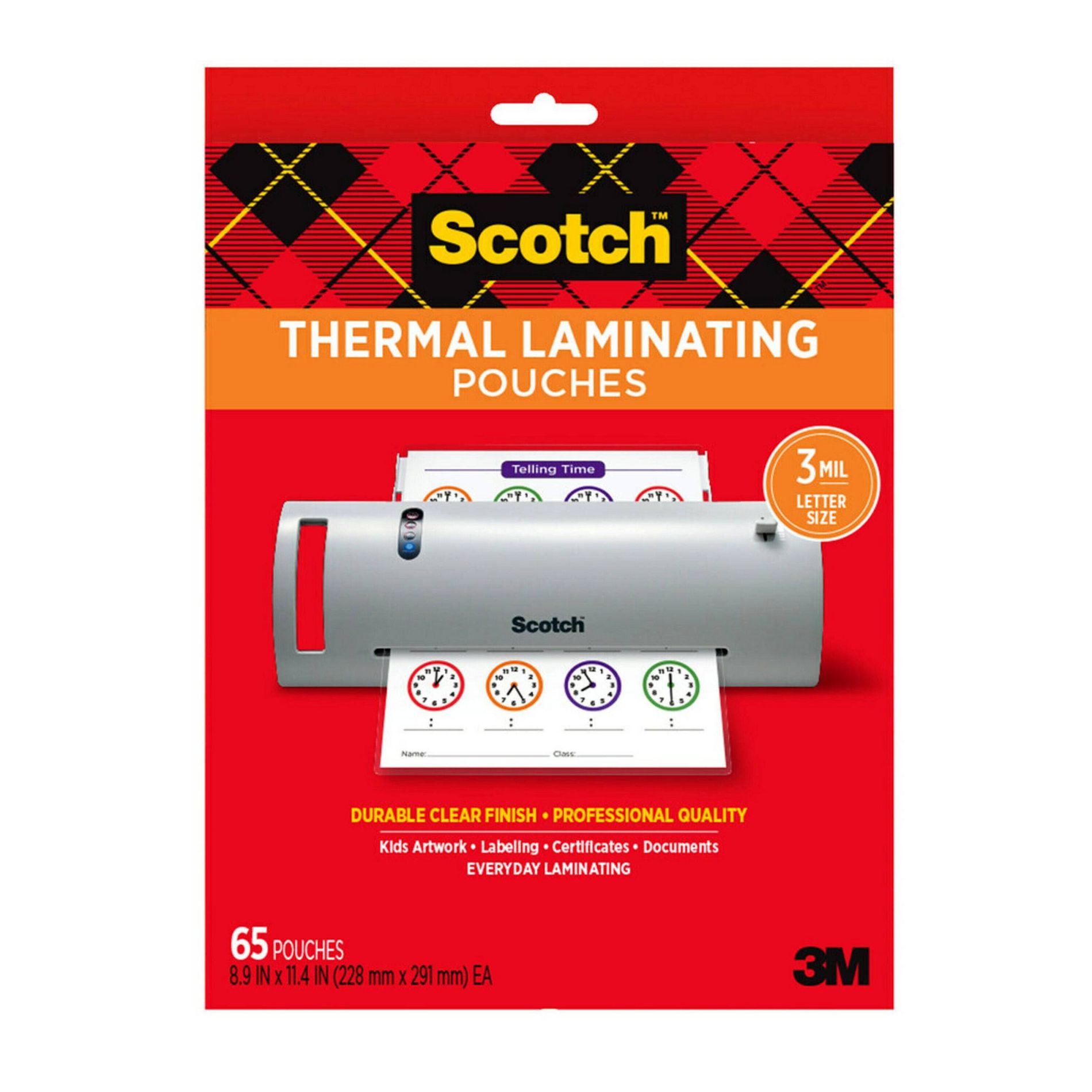 Scotch 65ct 9" x 11" Thermal Laminating Pouches Clear: Laminator Supplies, 8.9" x 11.4", 1.88 lbs, 65 Pack