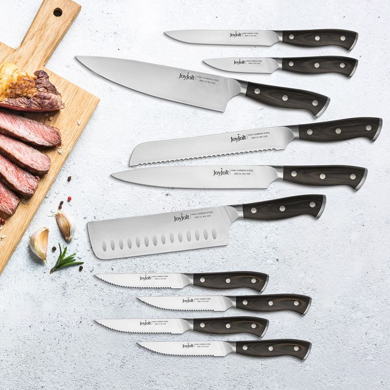 JoyJolt 11pc Kitchen Knife Set With Block. High Carbon, x50 German Steel Knives. Chef, Bread, Slicing, Nakiri, Utility, Paring and Steak Knife Set, 3 of 8