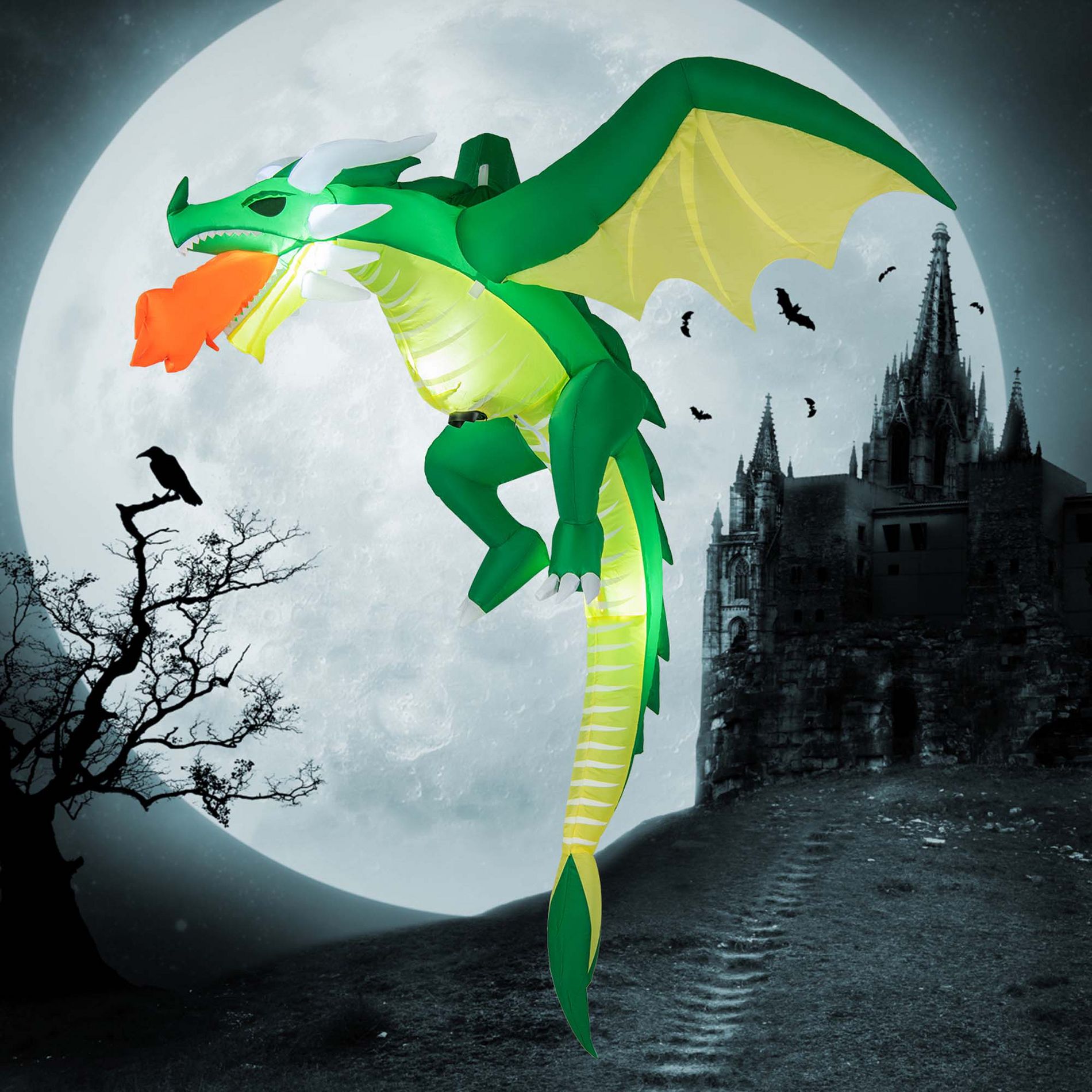 Costway 5 FT Hanging Halloween Inflatable Fire-breathing Dragon Flying Decoration Yard