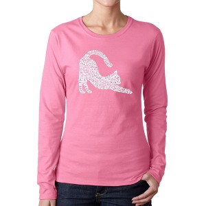 LA Pop Art Stretching Cat - Women's Word Art Long Sleeve T-Shirt - 1 of 4