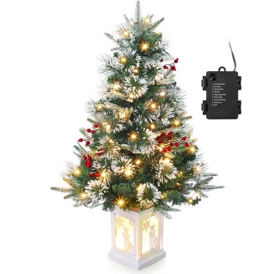 3FT Pre Lit Premium Potted Flocked Arctic Fir Christmas Tree , Artificial Mini Pre Lit Xmas Tree Christmas Decoration Snowman White Base