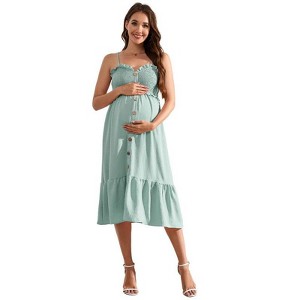 Coolmee Women's Maternity Dress Summer Sleeveless Smocked Casual Spaghetti Strap Beach Vacation Midi Dress Photoshoot Baby Shower - 1 of 4
