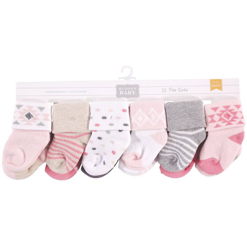 Hudson Baby Infant Girl Cotton Rich Newborn and Terry Socks, Pink Gray Aztec, 3 of 4