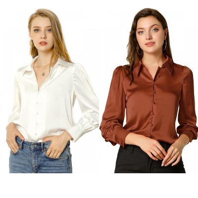 Allegra K Women's Satin Puff Sleeve Point Collar Vintage Button Up Shirt 2 Pcs