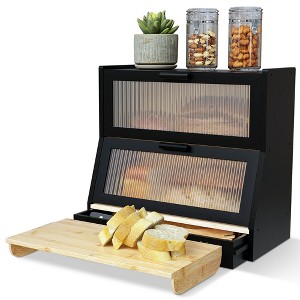 MOEPISY Bamboo Wood Breadbox with Knife Storage, Ventilation Holes, Black - 1 of 4