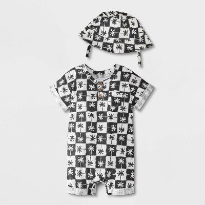 Image of Grayson Mini Baby Check Romper with Hat 0-3M