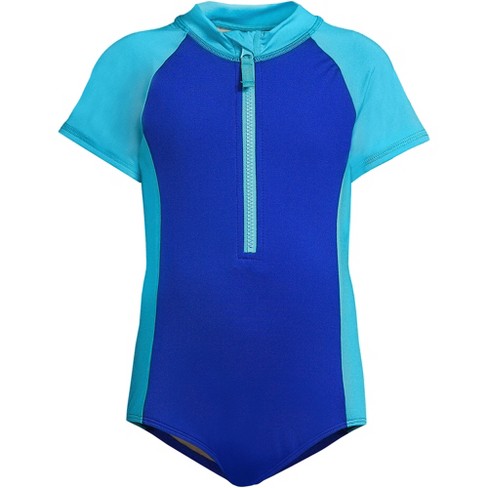 Lands' End Kids Chlorine Resistant Short Sleeve One Piece Half Zip Swimsuit  - Medium - Turquoise/electric Blue : Target