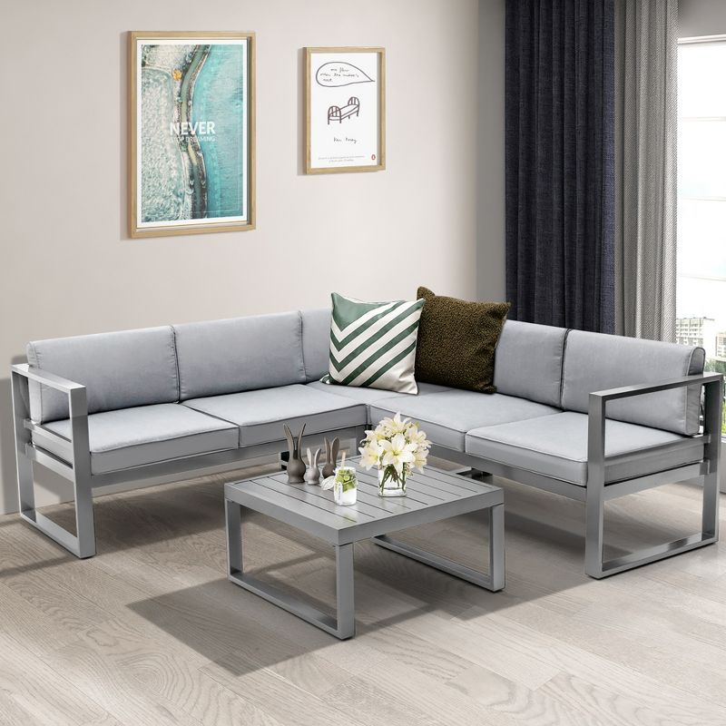 Tangkula 4PCS Aluminum Outdoor Conversation Set Patio Furniture Set w/ Coffee Table & Cushions Gray, 3 of 11