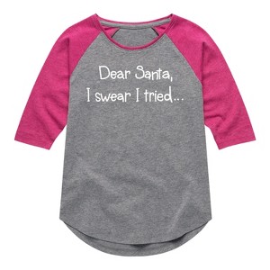 Girls' - Instant Message - Santa I Tried Christmas Shirt Tail Raglan Graphic T-shirt - 1 of 4