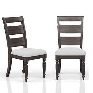 Ladder Back Side Chair Set of 2, Caramel Finish with Taupe Upholstered Seat, Rustic Farmhouse Dining Chairs - 1 of 4