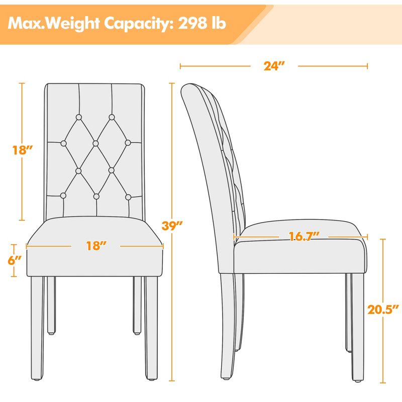 Yaheetech 2pcs Button Padded Dining Chair with Solid Wood Legs, 3 of 8