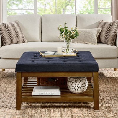 Large Linen Fabric Upholstered Coffee Table,Ottoman With Open Storage Shelf And Wooden Frame,Square Living Room Coffee Table-Coolbibila