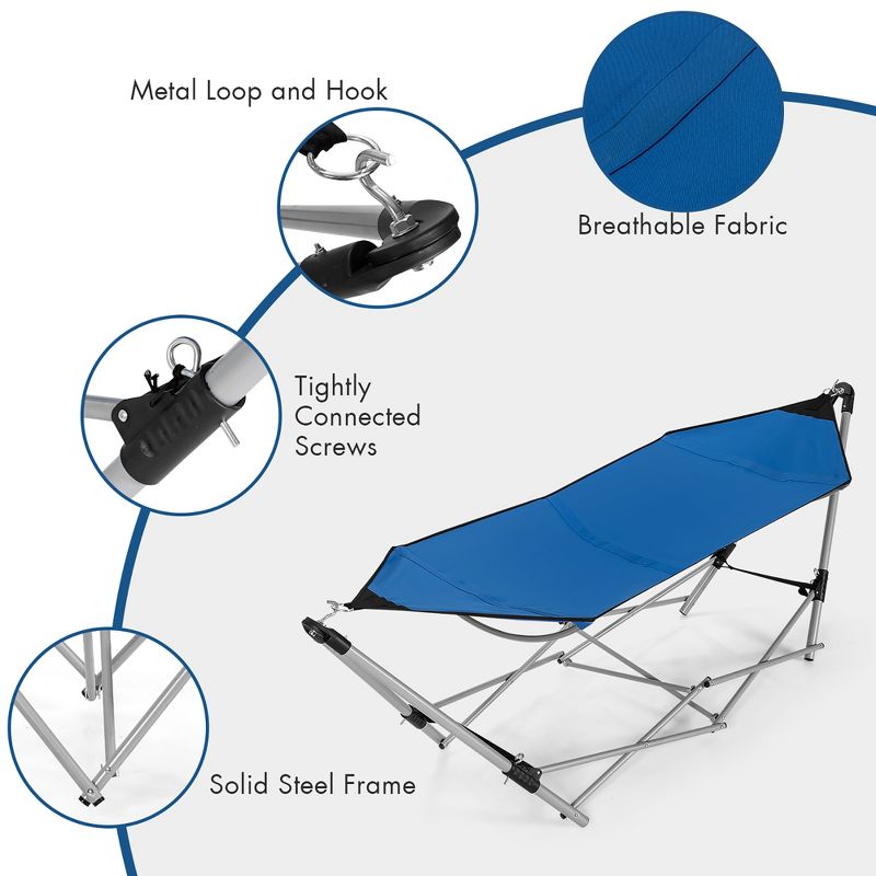 Costway Portable Folding Hammock Lounge Camping Bed Steel Frame Stand W/Carry Bag Blue, 5 of 11