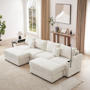 123.2" U-Shaped Sectional Sofas with 2 Movable Ottomans, Hidden Storage Armrests, USB Ports, Cup Holders & Phone Holder - 1 of 4