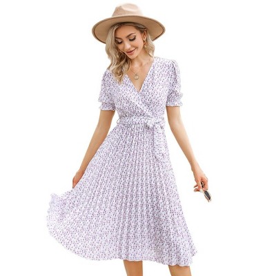 WhizMax Women's Dress Floral Wrap V Neck Pleated Dress Short Puff Sleeve Flowy A Line Midi Dress with Belted