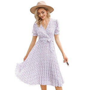 WhizMax Women's Dress Floral Wrap V Neck Pleated Dress Short Puff Sleeve Flowy A Line Midi Dress with Belted - 1 of 4