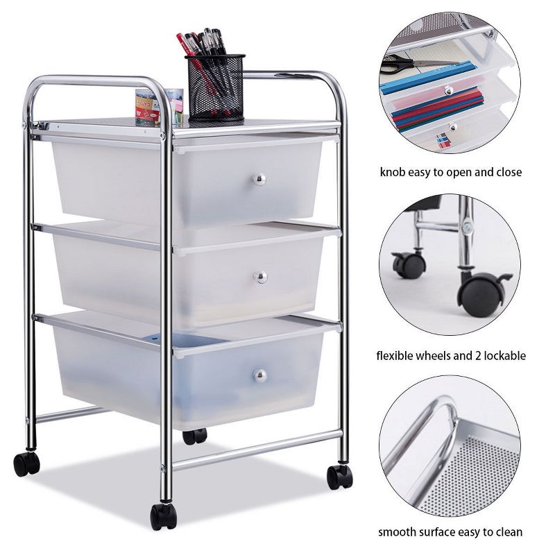 Costway 3 Drawers Metal Rolling Storage Cart Scrapbook Supply & Paper Home Office White, 5 of 11