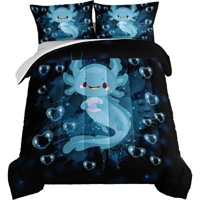 Boersma Axolotl Comforter Set Blue Axolotl Pattern Kawaii Bed Set for Kids Bedroom Decor,Twin Bed Set for Girls with 2 Pillowcases.