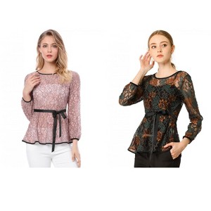 INSPIRE CHIC Women's 2 Packs Semi-Sheer Elegant Tie Waist Long Sleeve Floral Lace Peplum Blouses Green X-Large - 1 of 4
