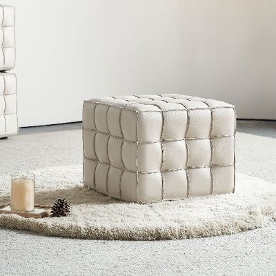 CAVINAS 17.32" W Genuine Leather Biscuit-Tufted Ottoman, Square Ottoman, Ottoman Foot Rest, Bedroom End Bench, Footstool with Solid Wood Frame