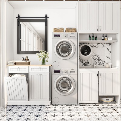 Two-Compartment Tilt-Out Trash Cabinet, Pet Proof Kitchen Trash Cabinet, Free Standing Laundry Sorter Cabinet, Laundry Hamper