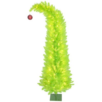 6 ft Bent Top Whimsical Christmas Tree, Pencil Xmas Tree with with Red Ball, Metal Base, Prelit with 230 LED Lights