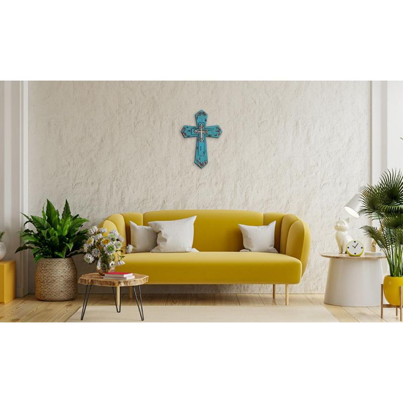 FC Design 15.75"H Decorative Wood Cross in Turquoie Religious Sculpture Wall Decoration, 2 of 4