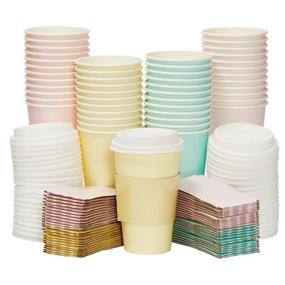 Sparkle and Bash Set of 48 Disposable Insulated Paper Coffee Cups with Lids & Sleeves for Hot Drinks, 16oz, 4 Pastel Colors