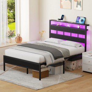 Furnulem Full  and Queen Bed Frame with Storage Headboard and LED Lights, Metal Bedframe with Charging Station and USB Port, No Box Spring Needed - 1 of 4