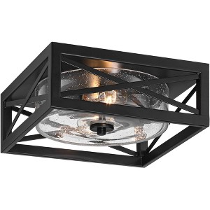 Franklin Iron Works Drake 12" Modern Industrial Flush-Mount Ceiling Light Fixture Kitchen Foyer Hallway Round 2-Light Black Seeded Glass Bedroom - 1 of 4