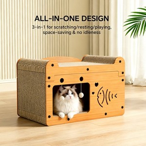 AEELLEEA Multi-Function Cat Scratcher House Box, Durable Cat Scratch Pad, Soft Cat Bed, Play Cave with Toys, Cat Scratching Post/Board