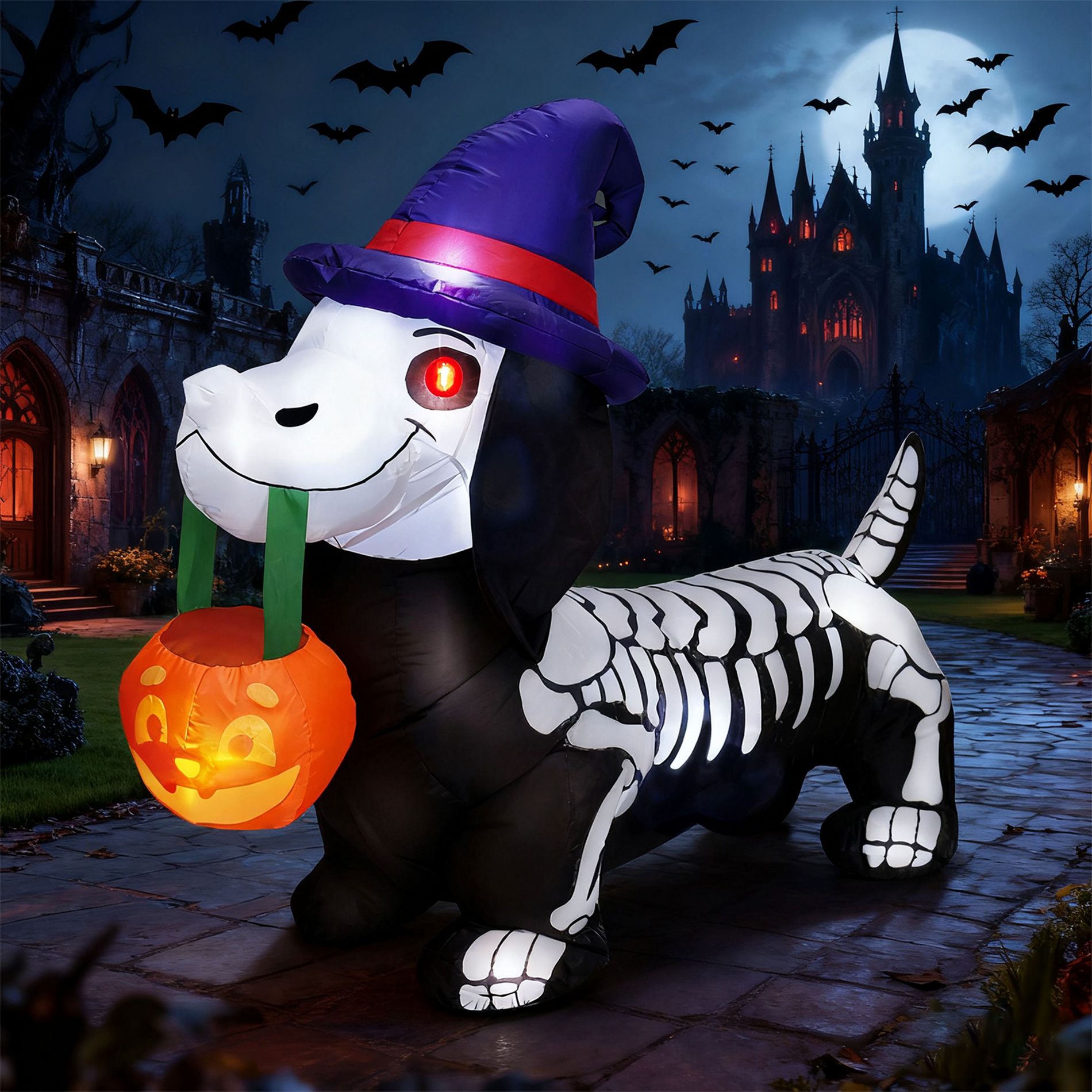 Joyfy 5FT Halloween Inflatables Outdoor Decorations, Inflatable Skeleton Dog with LEDs Pumpkin for Halloween Outdoor Yard Garden Lawn Party Decoration