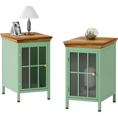 Modern Nightstand with Storage Cabinet and Solid Wood Tabletop, Iron Beside Table Coffee Table with Tempered Glass Door