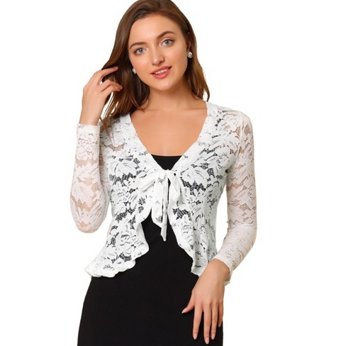 Allegra K Women's Tie Front Crop Cardigan Ruffled Hem Floral Lace Sheer ...