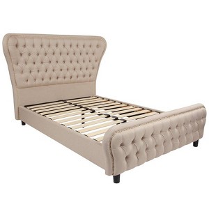 Transitional Cinched Tufted Upholstered Platform Bed with Accent Nail Trim Full Beige - Riverstone Furniture Collection