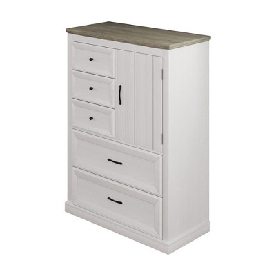 VANIRROR Farmhouse 5 Drawer Dresser, Rustic White Storage Cabinet with Drawers, Tall Chest of Drawers Organizer for Bedroom and Living Room