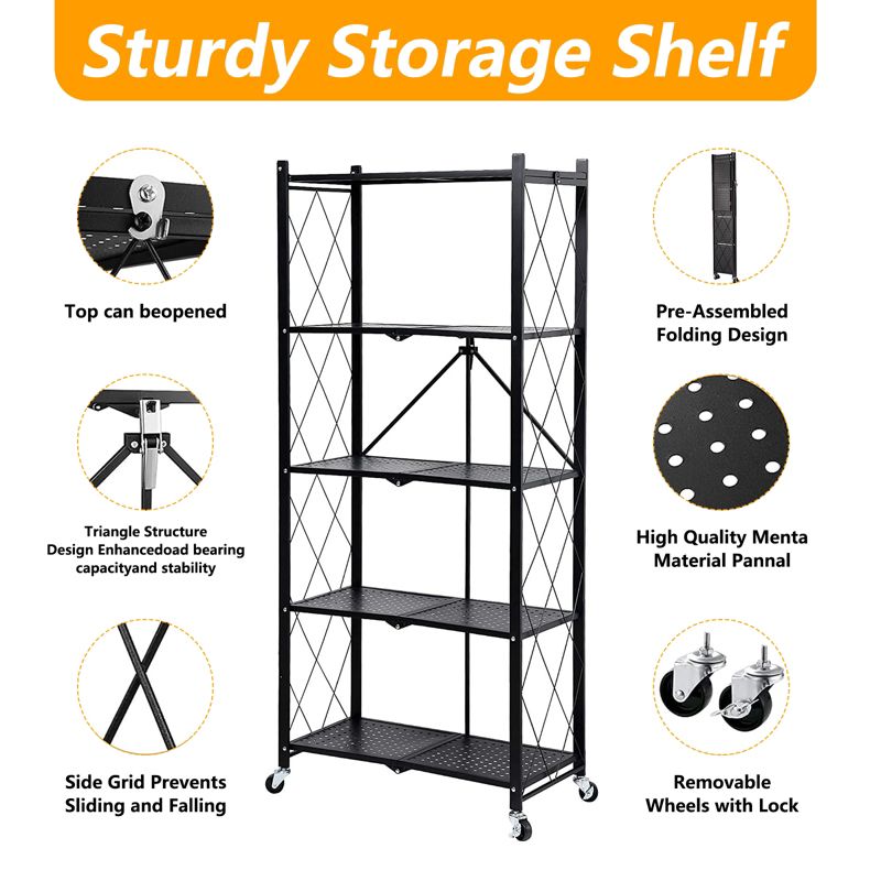 SKONYON 5 Tier Folding Shelf Shelving Unit Utility Shelves Foldable Metal Storage Shelf Free DIY Design with 4 Universal Wheels Black, 4 of 8