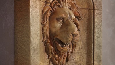 Lion Head Rustic Faux Stone 2-Tier Wall Water Fountain with LED Light