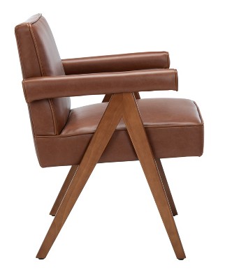 Contemporary Cognac Faux Leather Arm Chair with Walnut Finish