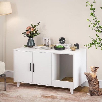 Lirago Hidden Cat Litter Box Furniture with Scratching Mat White Multi-functional Scratch-resistant Heavy Duty Easy Assembly Cat Washroom Cabinet