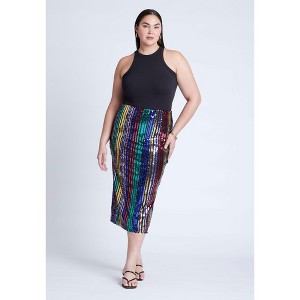 ELOQUII Women's Plus Size Rainbow Striped Sequin Midi Skirt - 1 of 4