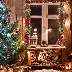 6ft Christmas Garland with Lights | Battery-Powered Pine Cone Garland w/Berries, Bows, Flowers & Ball Ornaments for Fireplace Mantle - 1 of 4