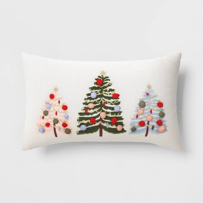 Embroidered Christmas Trees Lumbar Christmas Throw Pillow with Pom Poms Ivory - Threshold&#8482;