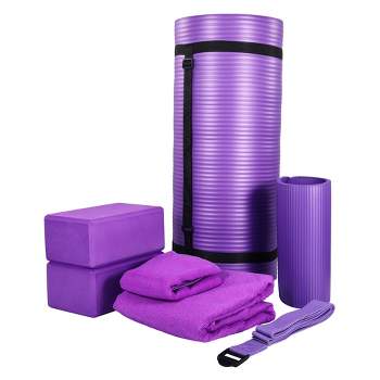 BalanceFrom Fitness 7 Piece Home Gym Yoga Set with 1 Inch Thick Yoga Mat, 2 Yoga Blocks, Mat Towel, Hand Towel, Stretch Strap and Knee Pad, Purple